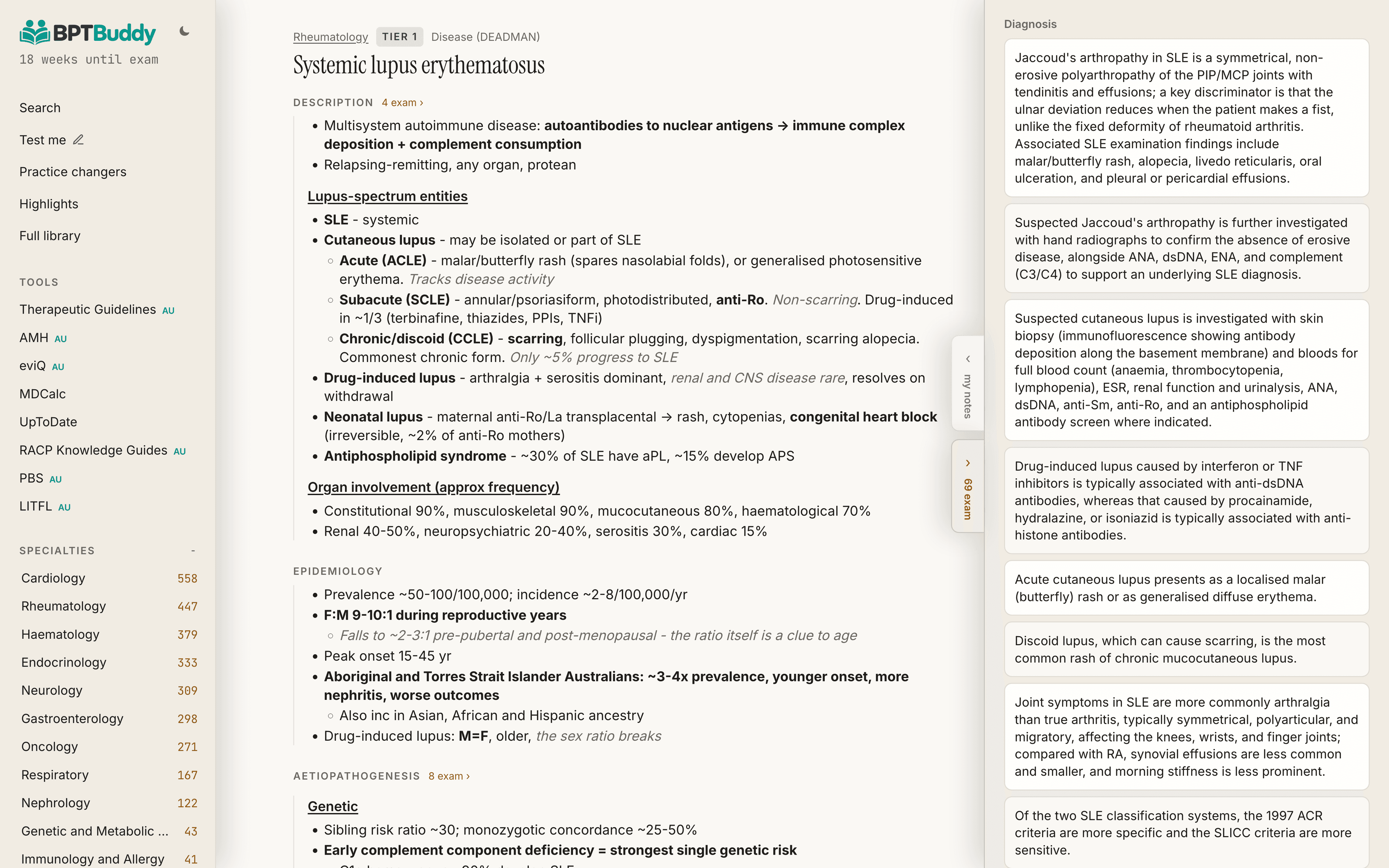 The systemic lupus erythematosus note with its exam facts drawer open