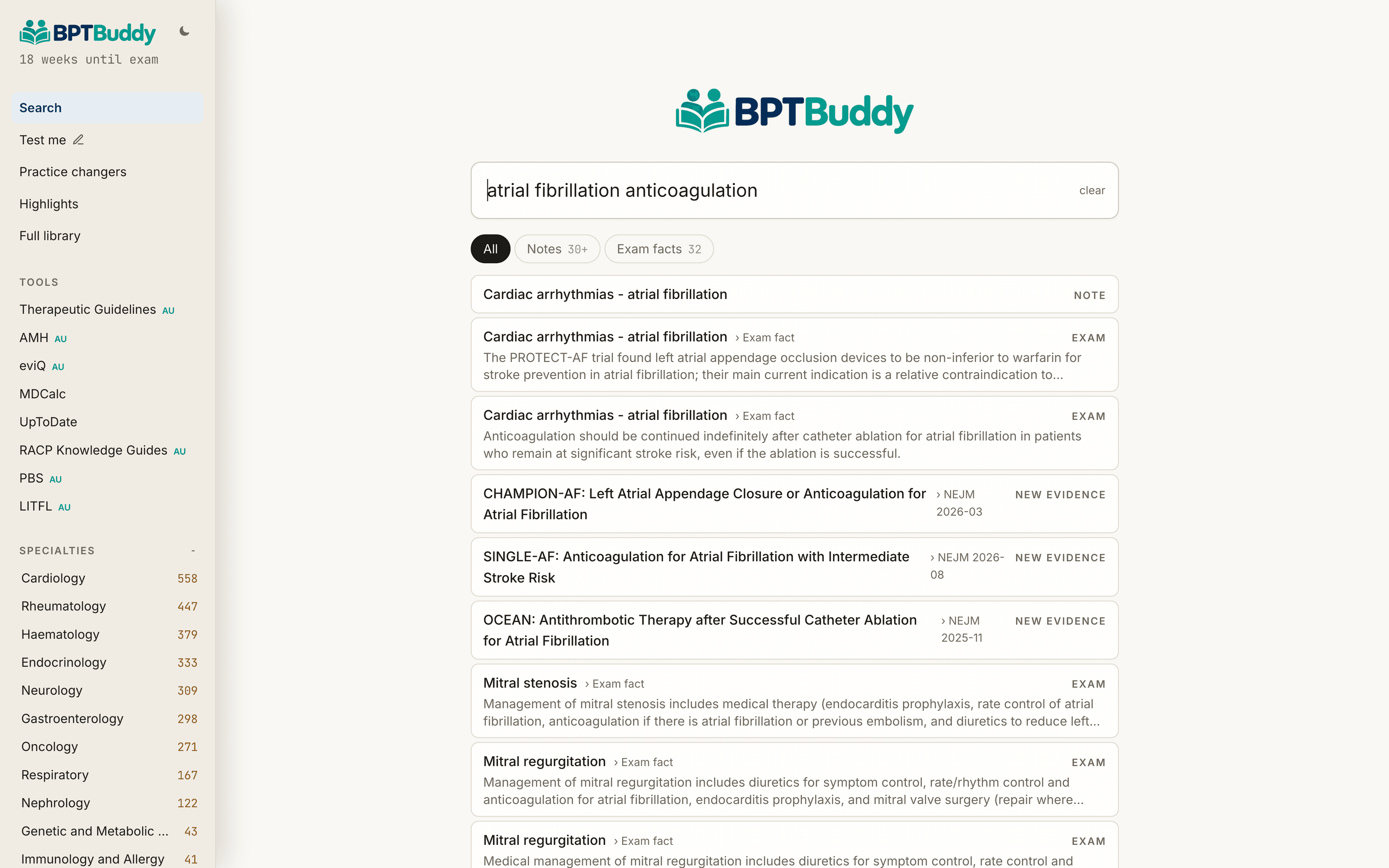 BPTBuddy search: typing 'atrial fibrillation anticoagulation' returns the note, its exam facts and new trials as you type