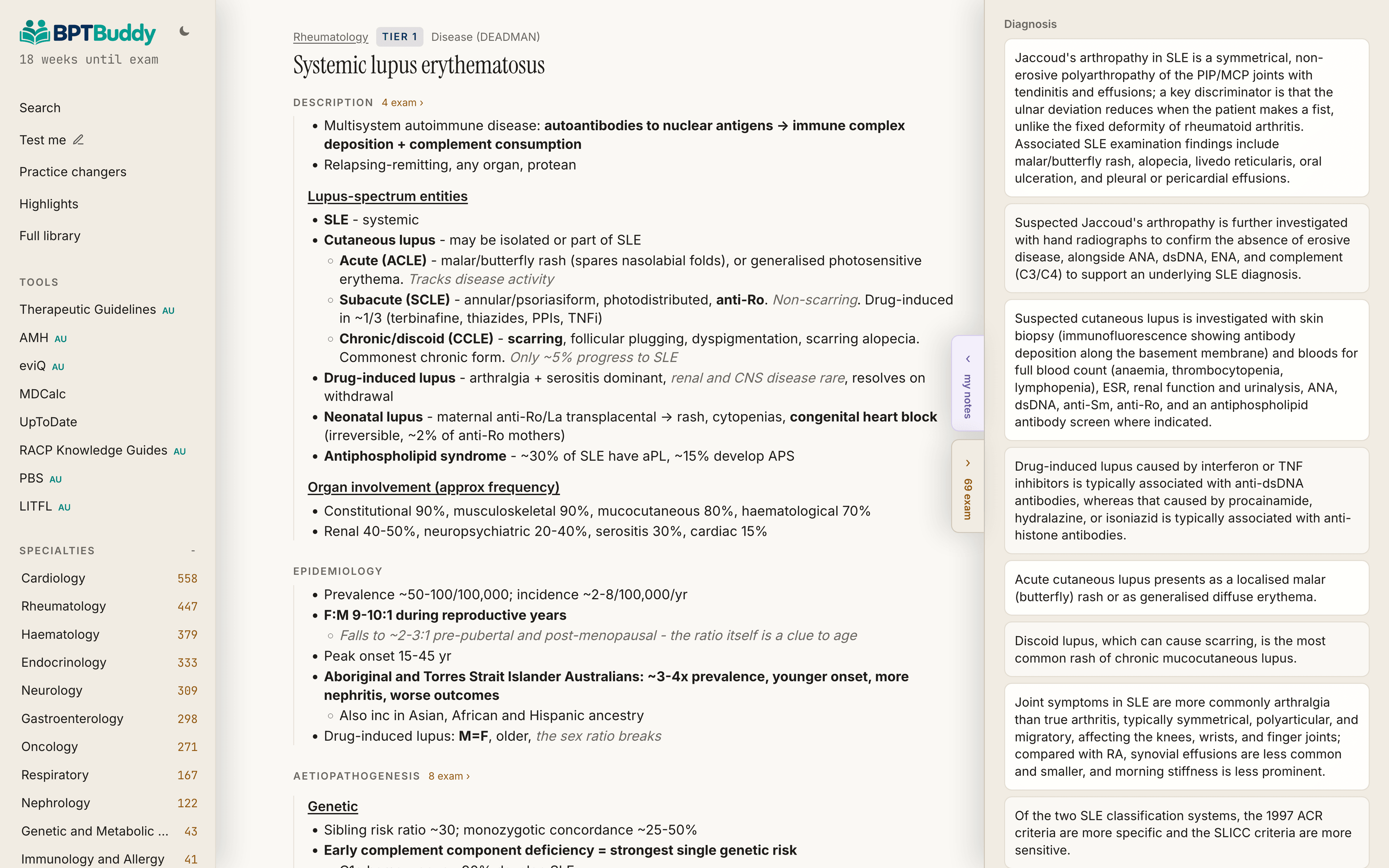 The systemic lupus erythematosus note with its exam facts drawer open