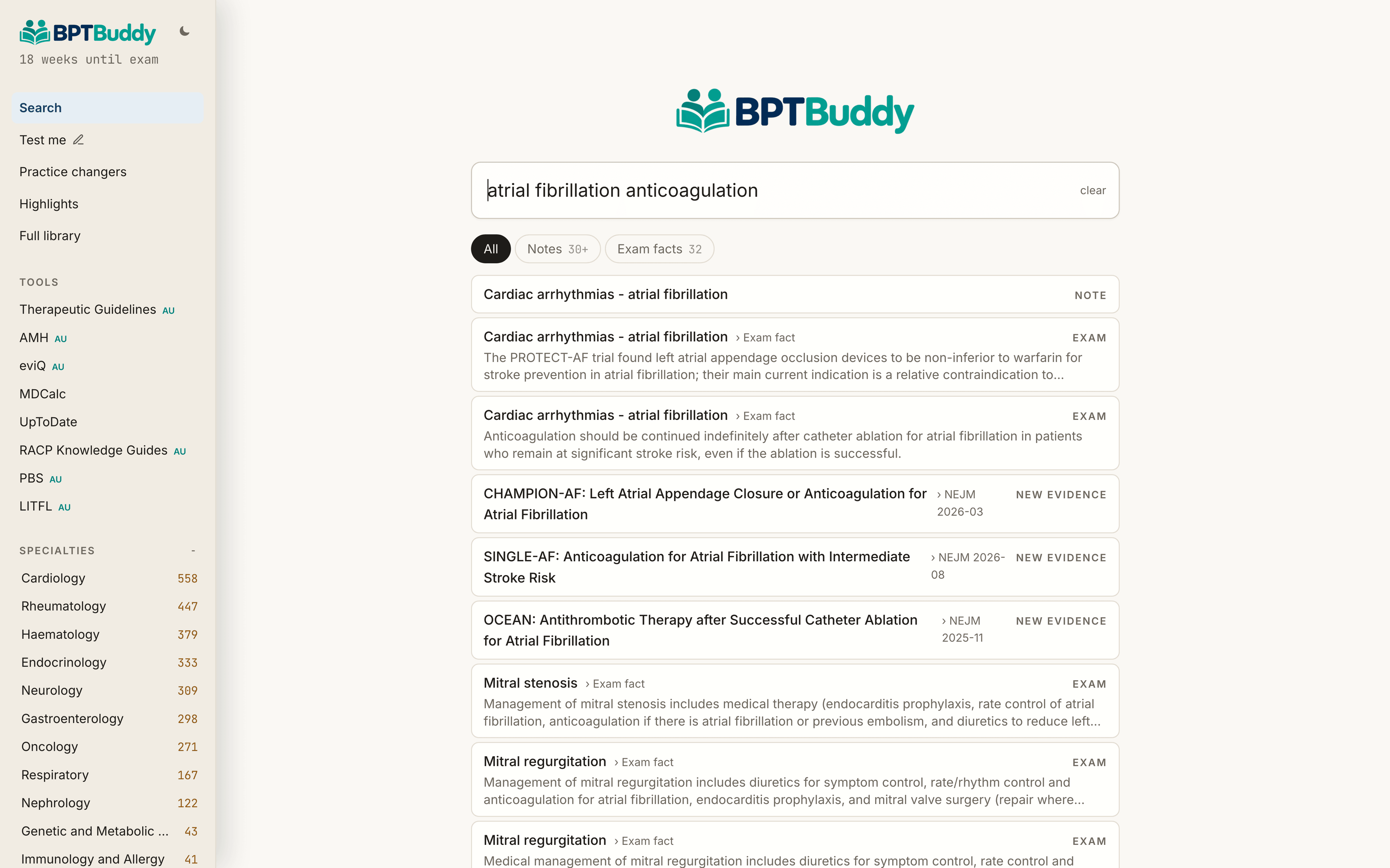 BPTBuddy search: typing 'atrial fibrillation anticoagulation' returns the note, its exam facts and new trials as you type
